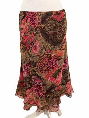 Y2K Cato Pink Paisley Animal Print Ruffle Hem Midi Skirt Sz M